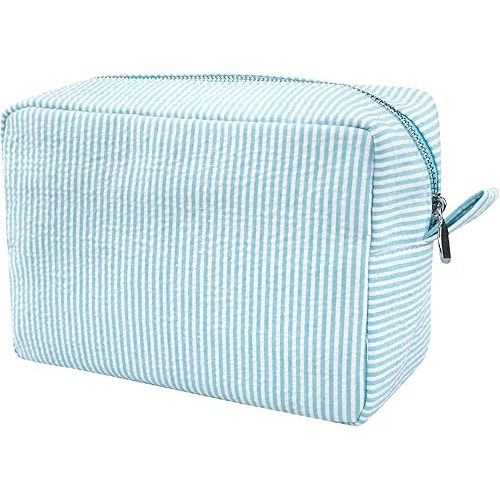 GFU Makeup Bag for Women, Cute Cosmetic Bag, Lightweight Toiletry Make up Bag, Large Seersucker Aesthetic Organizer Storage Pouch for Girls, Women and Moms Gifts, Lightblue