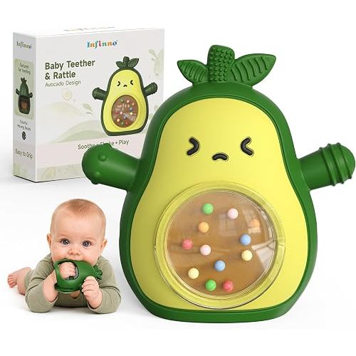 Baby Teether 3-12 Months, Avocado Silicone Rattle Toy | Anti-drop mitt grip, BPA-free silicone teether with rattle and multi-texture gum relief, great baby gift