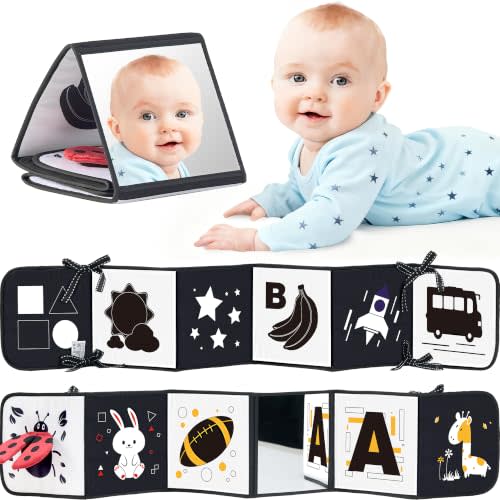 High Contrast Baby Book, Black and White, Tummy Time Mirror Toy | Newborn visual stimulation 0-6 months, Montessori sensory play, soft crinkle pages, folds flat, ties to crib and stroller
