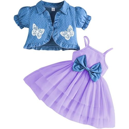 Baby Girl Summer Outfits Tulle Dress Sleeveless And Puff Sleeve Denim Jacket Baby Girl Clothes Set