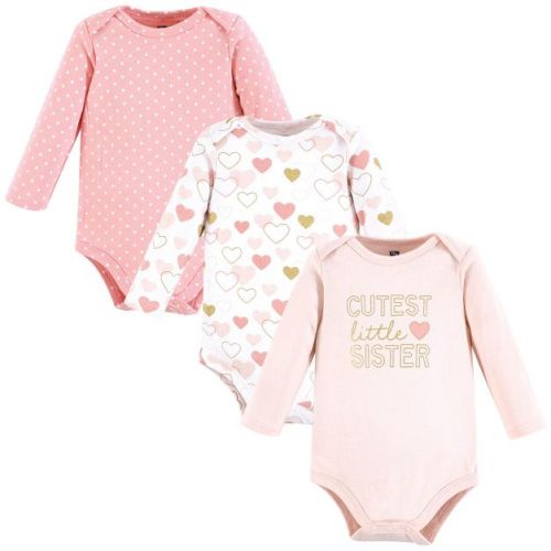Hudson Baby Infant Girls Cotton Long-Sleeve Bodysuits 3-Pack, Cutest Sister Hearts, 0-3 Months