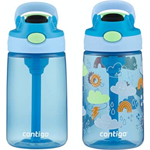 Contigo Kids Water Bottle with Redesigned AUTOSPOUT Straw, 14oz., 2 Pack, Blue Poppy and Periwinkle & Blue Poppy with Periwinkle and Into the Clouds