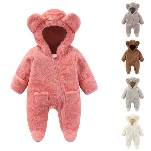 Kctiaxy Newborn Onesies Toddler Kids Stand Collar Hooded Cute Romper Warm Fleece Long Sleeve Zipper Jumpsuit Winter Baby Clothes 3-18 Months