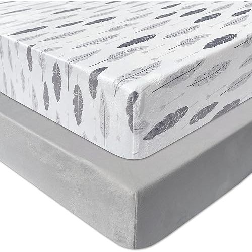 AMROSE 2 Pack Microfleece Crib Sheets, 28'' X 52'' Flannel Fleece Crib Fitted Sheets for Crib and Toddler Mattress Pad, Soft Comfy Warm Crib Sheets for Boys Girls, Feather