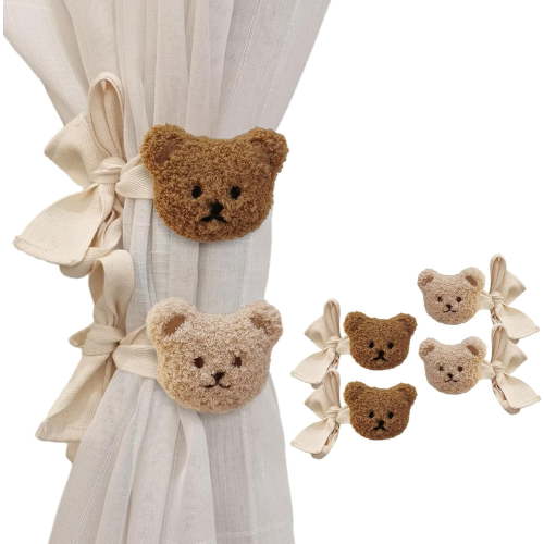 4Pcs Bear Curtain Ties Cute Cartoon Bear Curtain Tieback Decorative Embroidered Animal Shape Rope Holdbacks for Home Office Bedroom Living Room Window Treatment Decor