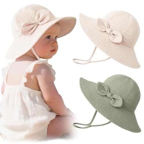 Konssy Muslin Baby Sun Hat, UPF 50+ Sun Protection Wide Brim Summer Beach Hat with Chin Strap, Breathable Bucket Hat
