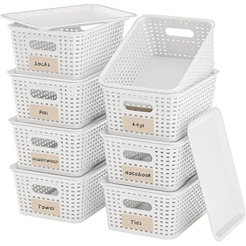 8-Pack White Plastic Storage Baskets with Lids, Label Organizers, Stackable Organizer Containers: For Organizing Shelves, Drawers, Desk Closets, Playrooms, Classrooms, Offices
