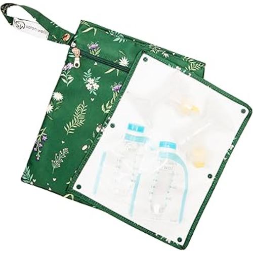 Sarah Wells Pumparoo Wet Dry Bag for Breast Pump Parts – Compact Organizer with Waterproof Pocket, Staging Mat & Fridge Hack – Machine Washable Pumping Accessory (Olive You)