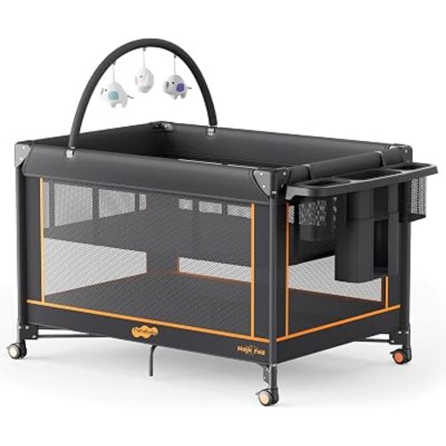Pamo Babe Pack and Play - Travel Crib with Mattress, Easy Setup Small Portable Playpen for Babies, Lightweight Foldable Baby Playard with Lockable Wheels, Toy Arch & Large Storage Bag - Black