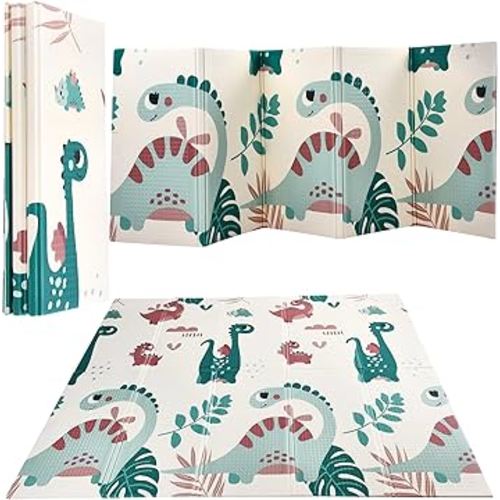 CHILDLIKE BEHAVIOR Baby Play Mat - 78x52-Inch Reversible Tummy Time Mat for Infants and Toddlers - Foldable Foam Play Mat for Floor - Portable and Easy to Clean Crawling Mat - Orange and Green Dinos