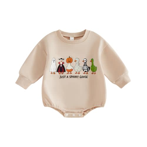 Newborn Baby Boy Fall Clothes Pumpkin Goose Print Romper Onesie | Cute Long Sleeve Crew Neck Romper Onesie Bodysuit Fall Winter Clothes