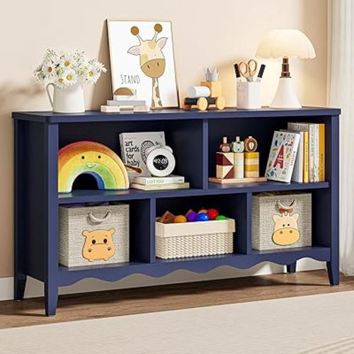 Montessori Shelf, 5 Cube Toy Storage Organizer with Wave Design, Safe Wooden Kids Toy Organizer Cabinet, Kids Bookshelf & Bookcase for Nursery Kids Room Playroom Bedroom Living Room Nursery
