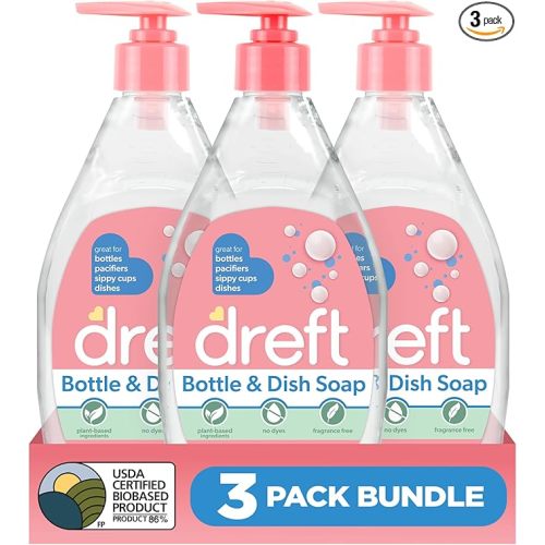 DREFT Bottle and Dish Soap | Made to Clean Baby Bottles, Sippy Cups, Pacifiers, Breast Pumps, & More | Gently Removes Milk Film & Odors | Plant Based, Fragrance Free Dish Soap | 18 Fl Oz (Pack of 3)