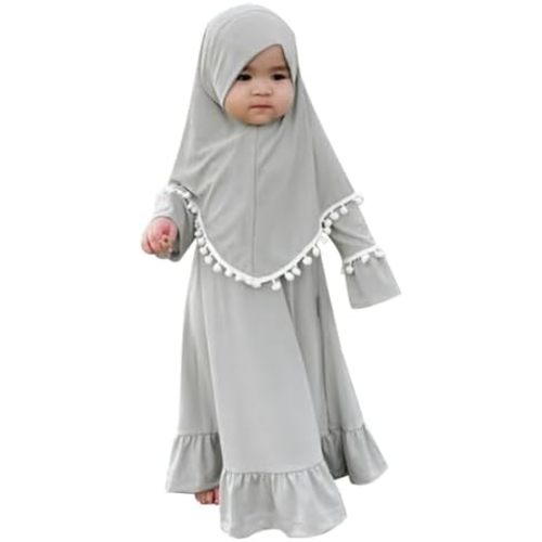 IDOPIP Baby Girls Muslim Abayas Dress with Hijab 2PCS Prayer Clothes for Toddler Kids Girl Ramadan Dresses Islamic Dubai Robe