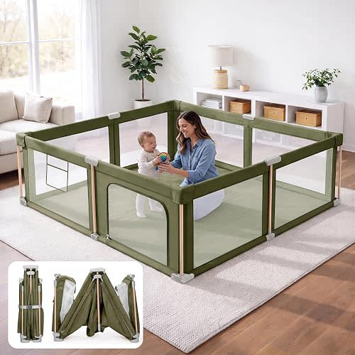 Foldable Baby Playpen with Mat, Foldable Baby Fence Play Yards for Babies and Toddlers, Play Pen with Breathable Mesh and Anti-Fall Pads Green (71"×59")