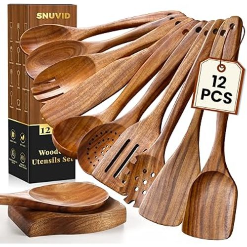 Wooden Spoons for Cooking, 12 Pcs Teak Wood Kitchen Utensils Set with Spoon Rest - Nonstick Heat Resistant Wooden Cooking Utensils, Natural Healthy Spatula Set for Pots and Pans