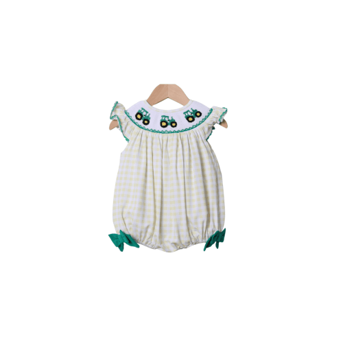 Smocked Yellow Green Tractor Bow Bubble