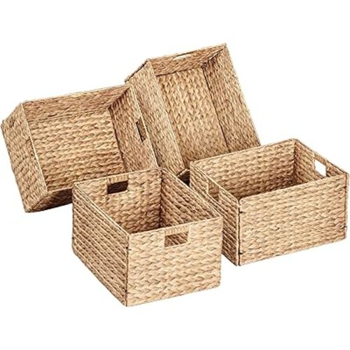eHemco Extra Large Rectangular Water Hyacinth Wicker Storage Baskets with Iron Wire Frame, 16.1"x12.6"x9.5", Natural, Set of 4