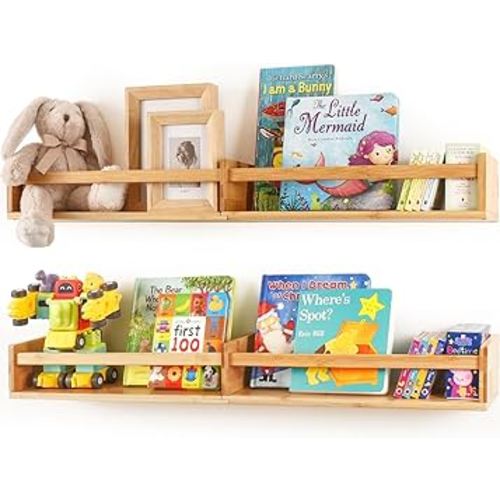 ZZM Bamboo Nursery Book Shelves Set of 2, 32 inch Floating Shelves Kids Bookshelf for Wall Decor and Toy Storage, Small Wall Shelf for Bedroom Living Room Kitchen Bathroom Office Frames