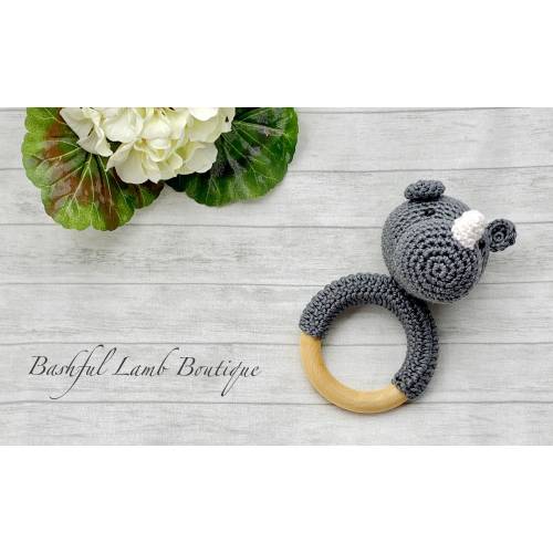 RHINO Rattle, Natural Wooden Rattle, Natural Baby Toy, Baby Shower Gift, Crochet Rattle