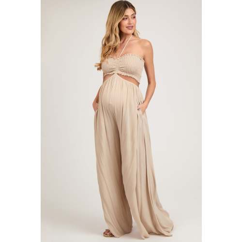 Cream Smocked Drawstring Halter Side Cutout Maternity Jumpsuit