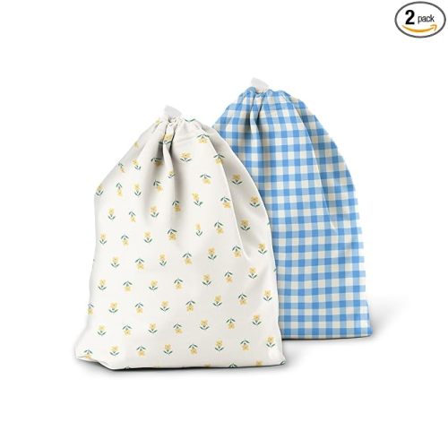 Esembly Ditty Bag Duo - Reusable Waterproof Wet Bags for Cloth Diapers, Swimsuits, Toiletries, and Snacks, Set of 2 - Buds + Gingham