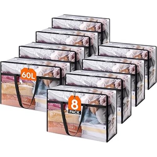 Lifewit 8 Pack Clear Clothes Storage Bags, 60L Plastic Blanket Storage Bag, Vinyl Foldable Moving Bags with Zipper, Closet Organizers and Storage Containers for Bedding, Duvet, Comforter