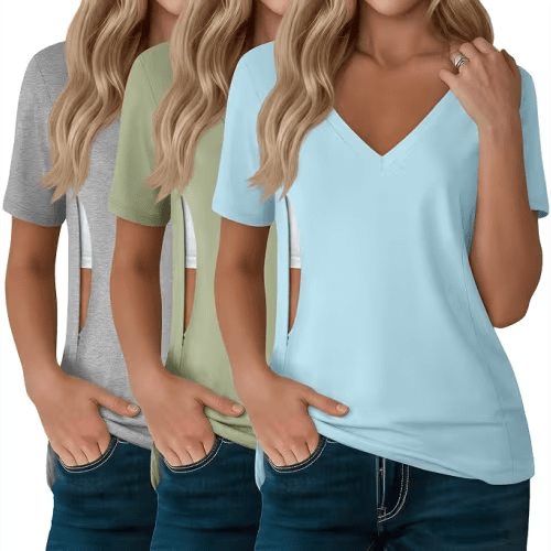 3 Pack Women's Nursing Tops Breastfeeding Shirts
Breastfeeding Shirts Zipper Bulk, Nursing Friendly Tops for Maternity, Short Sleeve, V Neck, Postpartum Pumping Blouses