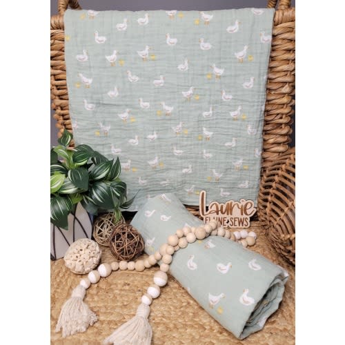 Handmade Custom Baby Swaddle Blanket: Duck Green Nature Print