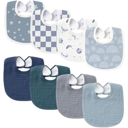 Konssy 8-Pack Muslin Baby Bibs, Adjustable Fit for Drooling and Teething