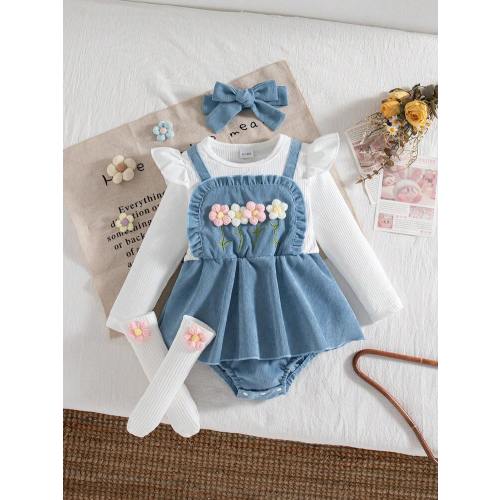 Autumn/Winter Baby Girl Cute Cap Sleeve Knitted Floral Patchwork Blue Bodysuit & Floral Socks & Blue Headband Set | SHEIN USA