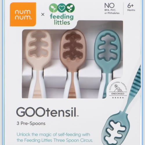 NumNum Baby Spoons Set, Feeding Littles x Silicone Pre-Spoon GOOtensils for Baby Led Weaning, Self-Feeding & Teething, First Stage Toddler Utensils for Ages 6+ Months, 3-Pack, BPA-Free (Neutrals)