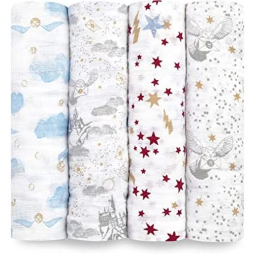 aden + anais Boutique Muslin Swaddle Blanket for Baby Girls and Boys, Newborn Receiving Blanket for Swaddling, 100% Muslin Cotton Swaddle Wrap,4 Pack, Harry Potter