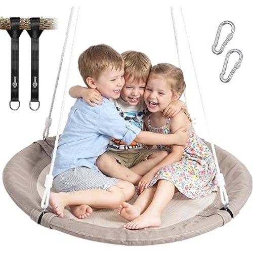 Trekassy 700lb 40 Inch Saucer Tree Swing for Kids Adults Outdoor 900D Oxford Waterproof with 2pcs Tree Hanging Straps, Steel Frame and Adjustable Ropes, Taupe