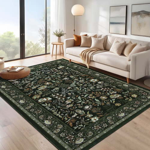 Tzou Floral Washable Area Rugs for Living Room, 8x10ft Vintage Non-Slip Boho Carpet, Soft Stain-Resistant Indoor Rug for Bedroom, Office(Dark Green)
