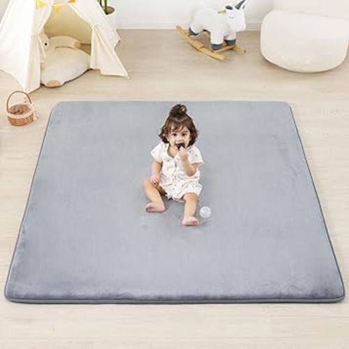 1.3" Thick Baby Floor Play Mat 50x50, Basic Padded Foam Mat for Tummy Time Crawling, Non Slip Cushioned for Babies Toddlers Infants Kids (Light Grey)