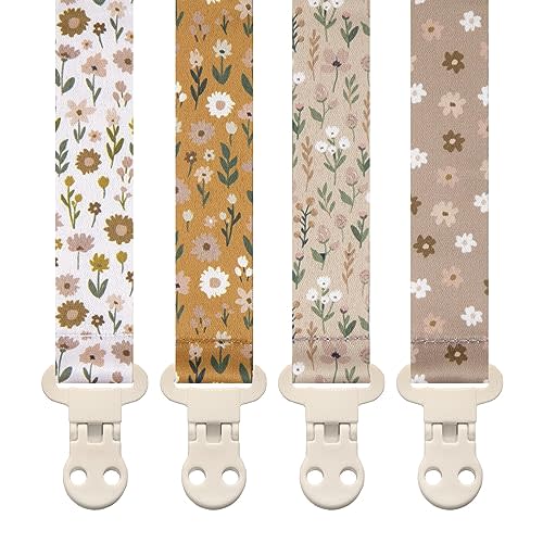Stadela Baby Pacifier Clip Holder - Girl or Boy Unisex 4 Pack Gift Set – Boho Modern Neutral Floral Beige Yellow Brown Colors (Flora)