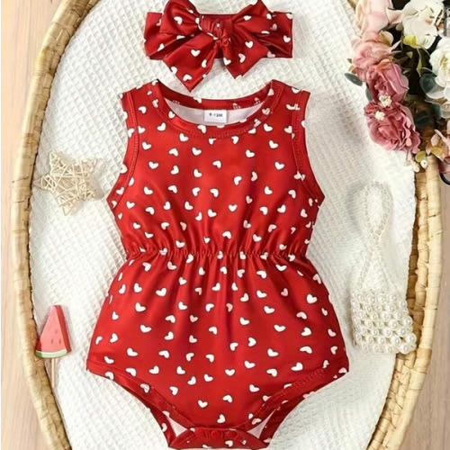 Cute Heart Printed Sleeveless Bodysuit With Cinched Waist For Baby Girls | SHEIN USA