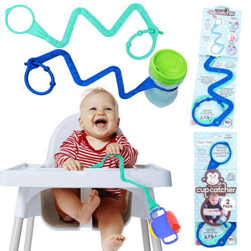 Brilli Baby Cup Catcher Strap - Attach Sippy Cups, Bottles, Toys & Pacifiers to Strollers, High Chairs & Car Seats, Made in USA, Patented Safety features, Dishwasher Safe - 2 pack (Aqua & Navy)