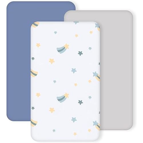 3 Pack Stretchy Bassinet Sheets - Universal Fit for Rectangle, Round, Oval, Hourglass Cradles & Moses Baskets - Soft Breathable Fitted Bassinet Sheets Set for Baby - Blue & Grey Star