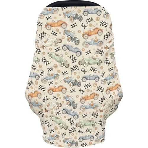 Vintage Racing Car Baby Car Seats Covers Retro Racecar Flags Multi-Use Breathable Nursing Cover Racing Vehicles Infant Carseats Canopy Stroller for Babies Boys Girls Shower Gifts