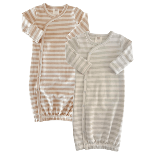 Biscuit Stripe & Sage Stripe / Organic Gown 2-Pack