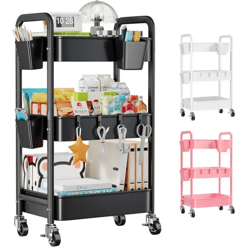 3 Tier Rolling Cart with Lockable Wheels, Metal Diaper Caddy Cart Organizer for Baby Essentials, Black Storage Utility Cart for Craft, Snack, Rolling Carts with Wheels for Lash Techs, Art, Bathroom