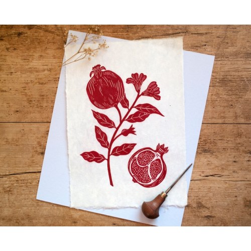Red Pomegrante Lino Print. Hand Printed Onto Nepalese Washi - Etsy