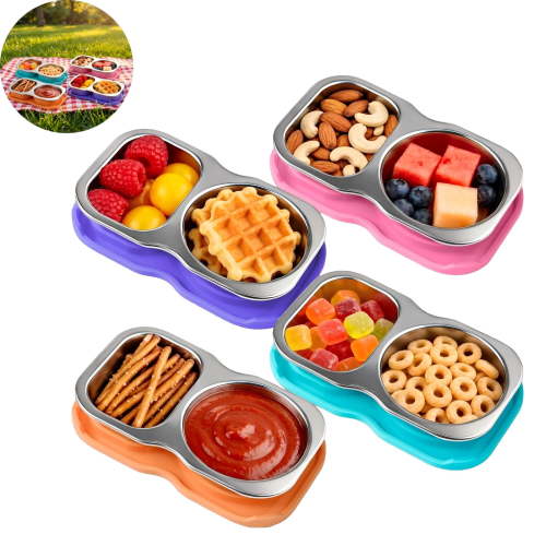 4-Pack Stainless Steel Snack Containers with Lid, 5.3Oz 2-Compartment Small Condiment Container, Salad Dressing Container To Go, Leak Proof Silicone Lid Snack Box for Lunch, Travel, or Meal Prep