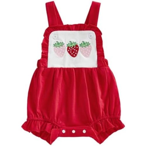 Kayotuas Baby Girl Summer Clothes Strawberry Outfit Sleeveless Ruffle Bubble Romper Bodysuit Cute Infant Overalls Shorts