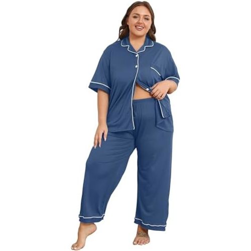 Vozanet Women's Plus Size Pajamas Button Down Shirt and Pants Soft Lounge Sets Bride Nighty Bottom with Pockets 1x to 5x