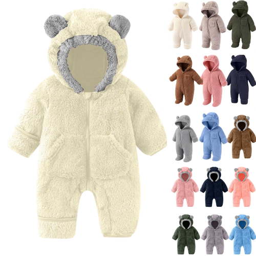 Newborn Baby Fleece Footie Snowsuit Unisex Winter Warm Thicken Zip Up Hooded Outfits for Girls Boys