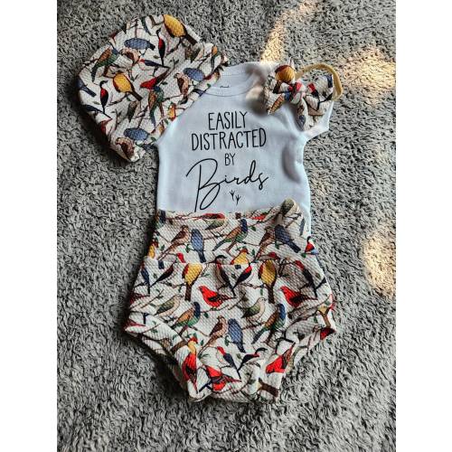 Handmade Bird Print Baby Outfit: Bummie Shorts, Bodysuit & Bow
