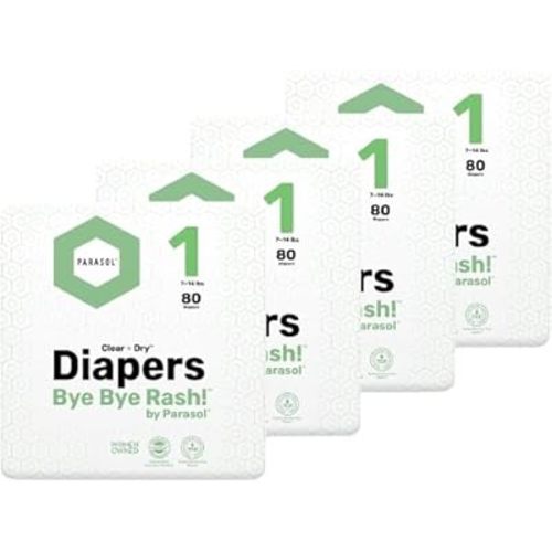 Parasol Clear+Dry Disposable Diapers, RashShield Protection and Leak-Control Fit, Hypoallergenic Diapers, Size 1 (7-14 lbs), 320 Count